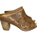 Josef Seibel Leather Open Toe Mules Size 37/6 Floral Cutout Design Stacked Heel Tan Photo 2