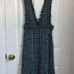 ZARA tweed Pinafore Apron Plunge Green Metallic Fringe Midi size M Womens Photo 5