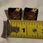 vintage cloisonné enamel stud Pink Lotus Butterfly Black Gold Square EUC Pierced Photo 3