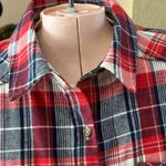 She & Sky  Classic Cotton Flannel Shirt Size Medium Red White Blue Plaid Photo 3