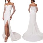 Lulus  Eternally Beloved White Mesh Off-the-Shoulder Pearl Maxi Dress M NWT Photo 1