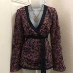 Black purple floral silky poly wrap style top blouse shirt long flare sleeves vneck belted tie back office siren #whimsygoth #coquette #grunge #goth #hippie Size M Photo 0