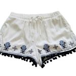 Miami Blue White Floral Embroidered Pockets Tie Pom Pom Hem Shorts Small NEW Photo 0