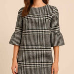 ZARA Houndstooth Check Bell Cuff Shift Mini Dress Black Cream Medium Photo 0