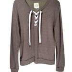 Chaser Lace Up Tie Pullover Long Sleeve Sweater in Brown/White Photo 0