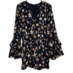 Sugar Lips  Navy Blue Floral Long‎ Bell Sleeve Boho Romper Size M Photo 0