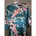 Peacock Floral Long Robe Womens Large Green Satin Kimono Belted Loungewear Photo 7