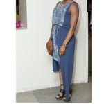 BCBG Maxazria Parisian blue dress textured denim print Asymetrical small urika Photo 13