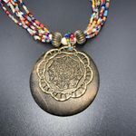 Coldwater Creek 6 strand multi colored seed bead necklace wood/bronze pendant Photo 2