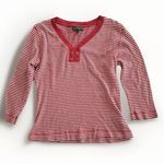 Ralph Lauren Red White Striped Women's Large Button V Neck Ribbed Henley Shirt Photo 0