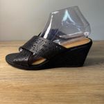 Lucky Brand  Keela Black Leather Wedge Sandals 8W 38‎ Espadrille Cutout Heels Photo 1