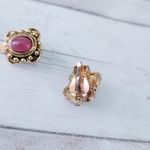 Vintage Clip On Earrings Antique Gold Tone Halo with Dark Pink Center Photo 6