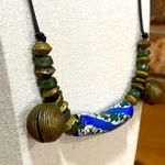 Green Jasper, bone and bronze trading beads vintage tribal necklace Blue Photo 3