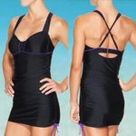 Athleta NWT Women Black & Purple Sara Swim Dress Ruched Overlay Size 34 B/C Tall Photo 1