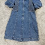 SO  Women’s Denim Mini Dress Square Neck Puff Sleeve Smocking Panels Size L Photo 10