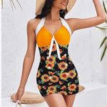 Retro Floral One Piece Swimsuit Halter Skirted Boyshort Pin Up Swimsuit XL Black Orange Photo 0