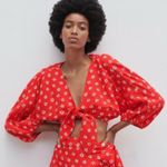 ZARA Red Daisy Floral Print Tie-Front Linen Blend Cropped Blouse Photo 0