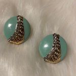 Mint Green Gold with Faux Paved Diamond Round Enamel Earrings with Post Backs Photo 3