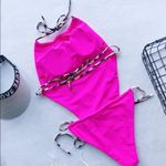 hot pink halter cheetah strap high leg cheeky one piece swimsuit Photo 3