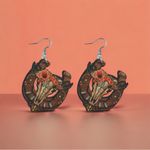Western bullhead flower pattern wooden drop‎ earrings Brown Photo 2