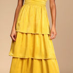 Lulus NEW Peak Party Vibe Mustard Yellow Satin Tiered Tie-Back Midi Dress Large Photo 0