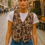 Vintage Christmas Teddy Bear Tapestry Embroidered Vest L/XL Brown Photo 1