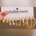 NEW Set of Five Golden Hoop Faux Pearl Lightweight Earrings Zinc Alloy Plated Gold Photo 4
