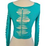 SLIT WEAVE Knotted Long Sleeve Turquoise Crop Top Rave Party Festival Club Sz S Photo 6