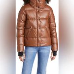 SAM. Isabel Vegan Down Puffer Jacket Faux Leather Stowaway Hood Saddle Brown S Photo 1