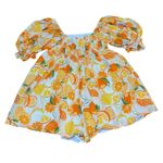 Sky to Moon Romper Dress Orange Citrus‎ Print Puff Sleeve Smocked Mini S Photo 3