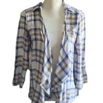 Daytrip -navy and tan flannel drape front top, long sleeves, semi sheer back, excellent condition, size small Photo 0