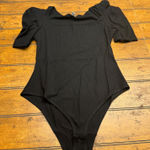 MISSUFE Black Ribbed Puff Sleeve Square Neck Bodysuit Women's Size S Photo 0