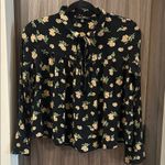 Floral Black Blouse with Yellow Accents Size M Photo 0