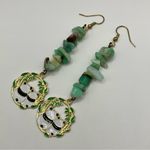 Handmade Green Chrysoprase Crystal and Gold Tone Panda Charm Dangle Earrings Photo 0