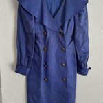 Vintage 80s Le Crillon Linen Dress Blue Sailor Size 4 Shoulder Pads Dynasty Photo 0