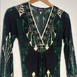 Hale Bob  Black Jewel Green Long Sleeve Dress 100% Silk Rhinestone Boho Artsy Photo 1