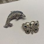 Lot Of 2 Costume Jewelry Brooch Pins Rhinestone Butterfly Insect / Dolphin Photo 0