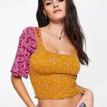 Free People Smocked Crop Top Sz S Ditsy Floral Boho Mustard Yellow Magenta Photo 0