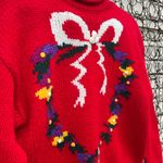 Vintage Red Mock Neck Sweater Wreath Bow Floral Knit Hasting Smith SMALL Photo 1