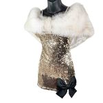 COQUETTE Y2K Mermaid Sequins Body Con Mini Dress Faux Fur Off Shoulder Women’s M Gold Size M Photo 1