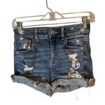 American Eagle  Blue Distressed Ripped Hi-Rise Shortie Cuffed Shorts Women Sz 0 Photo 4