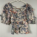 Moon River  Anthropologie Floral Peplum Ballon Short Sleeve Blouse Small Forest Photo 0
