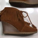 Minnetonka Women’s Leather Suede Moccasin Fringe Tassel Lace-Up Wedge Booties Photo 4