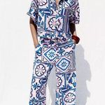 ZARA  PRINTED PALAZZO PANTS Blue & Pink Patterned Wide Leg Size M NEW Photo 2