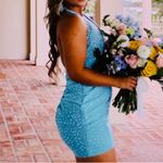 Johnathan Kayne Formal Turquoise Blue Halter Mini Dress with Rhinestones Photo 3