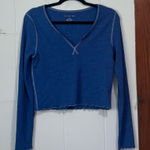 American Eagle ‎ AEO Blue Thermal Cropped Long Sleeve Top Large Photo 0