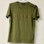 Balmain Logo Short Sleeve T-Shirt With Gold Button Olive Women's Size XS Photo 0
