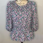Pleione floral smocked puff sleeve peplum top M Photo 0