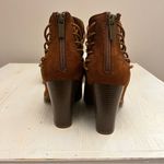 Bamboo Women’s  Brown Tan Suede‎ Zipper Back Lace Sides Peep Toe Heels Size 9 Photo 3