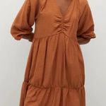 Mango Falcon Rust Orange Ruched V-Neck 3/4 Sleeve Tiered A-Line Mini Dress 2 Photo 0